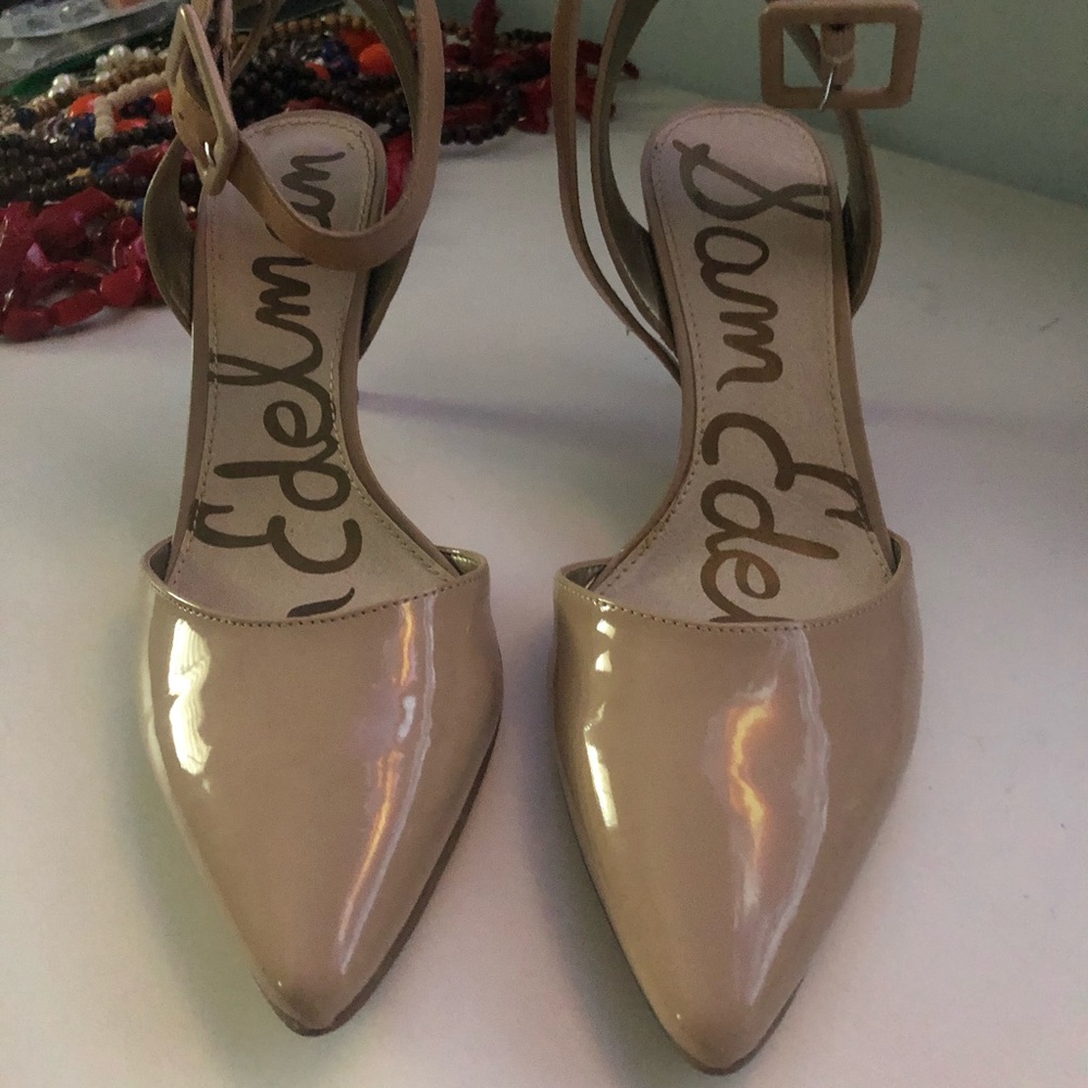 Sam Edelman nude patent pump with ankle strap